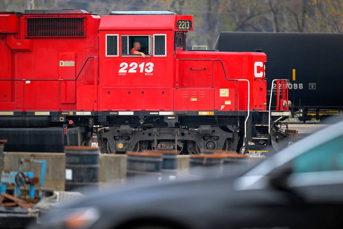 A Canadian Pacific locomotive sits in the rail yard in the East Bottoms last month in Kansas City. 