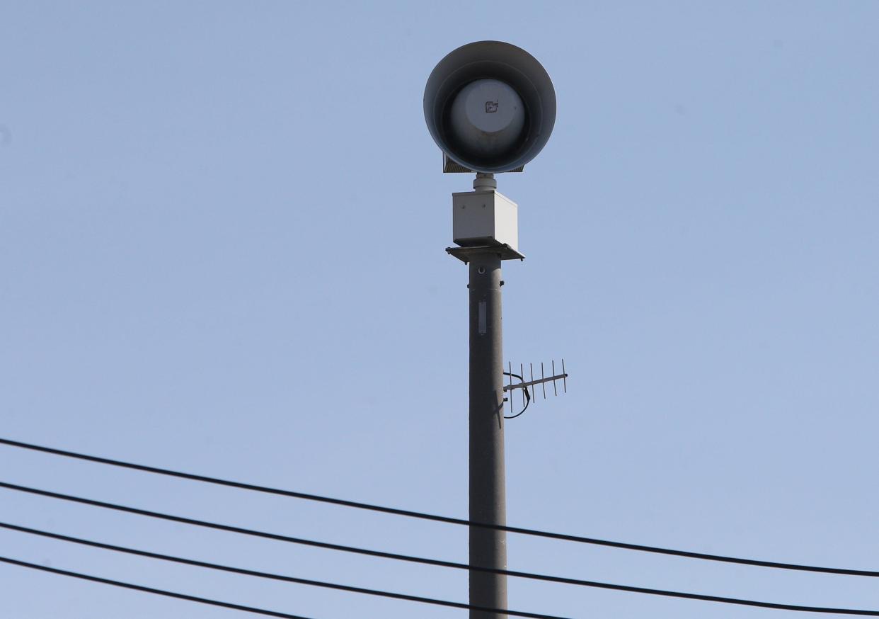 One of 67 of the St. Joseph County outdoor warning sirens are in place Monday, Feb. 27, 2024, at 1511 Milburn Boulevard at LaSalle Elementary School in Mishawaka. The county commissioners have approved a contract to upgrade each siren with new electronics.