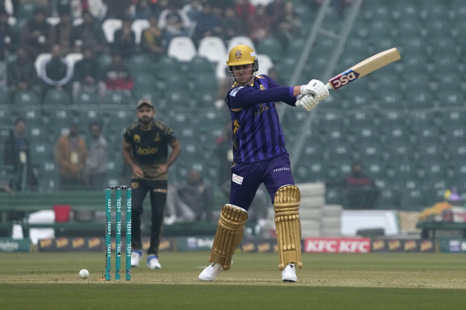 Quetta Gladiators' Jason Roy plays a shot during the Pakistan Super League T20 cricket match between Quetta Gladiators and Peshawar Zalmi, in Lahore, Pakistan Sunday, Feb. 18, 2024. (AP Photo/K.M. Chaudary)