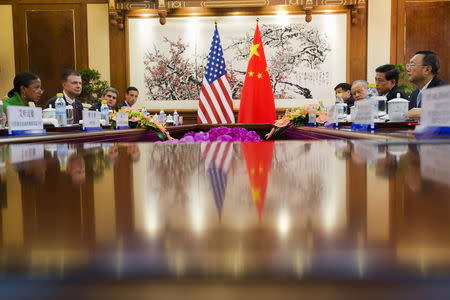 U.S. National Security Advisor Susan Rice (L) takes part in talks with Chinese State Councilor Yang Jiechi (R) at the Diaoyutai State Guesthouse in Beijing, China August 28, 2015. REUTERS/Ng Han Guan/Pool