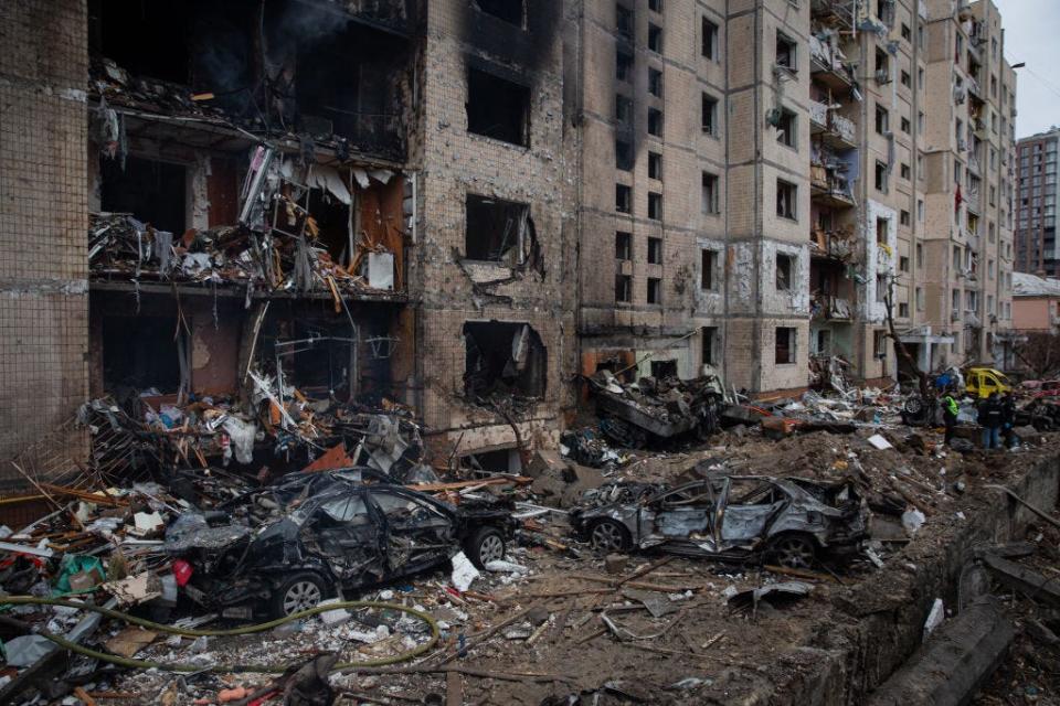 A high-rise residential building damaged by the blast wave after a Russian missile attack on January 2, 2024, in Kyiv, Ukraine.