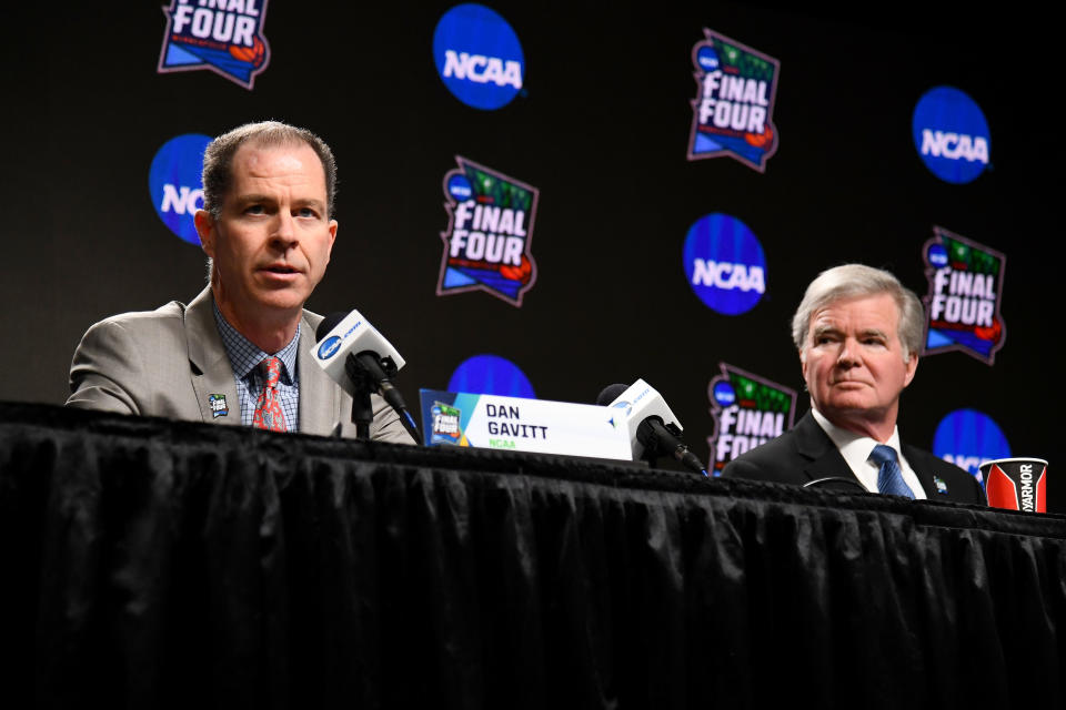 NCAA senior vice president of basketball Dan Gavitt (left) ultimately made the decision not to release an NCAA tournament bracket. (Photo by Brett Wilhelm/NCAA Photos via Getty Images )