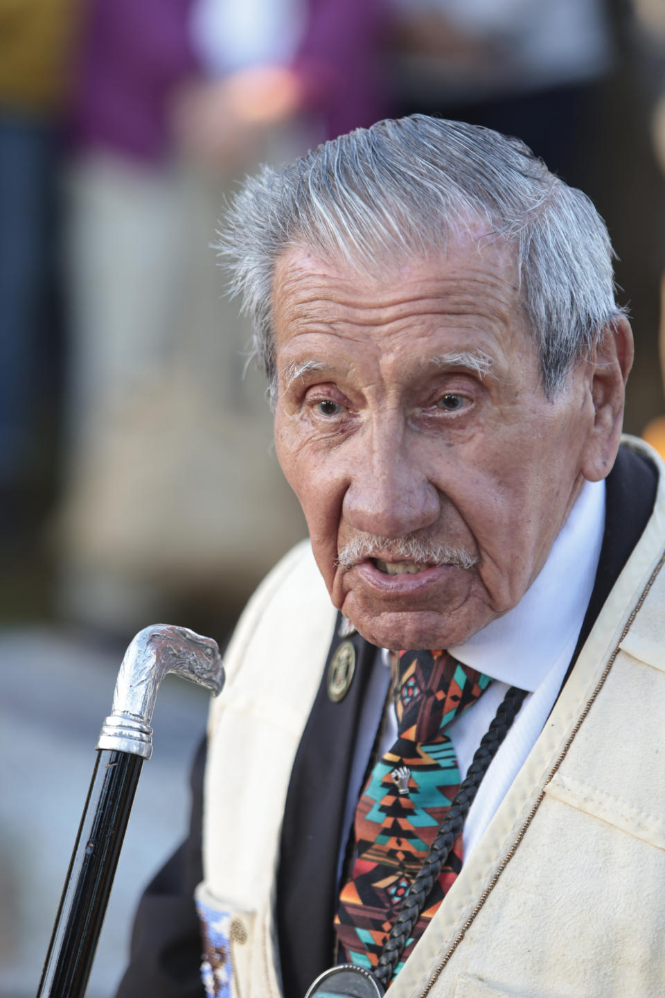 WWII veteran Charles Shay, 97 pays tribute to soldiers during a D-Day commemoration ceremony of the 78th anniversary for those who helped end World War II, in Saint-Laurent-sur-Mer, Normandy, France, Monday, June 6, 2022. (AP Photo/ Jeremias Gonzalez)