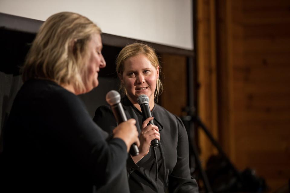 Comedian/actress Amy Schumer, right, and actress/cabaret singer Bridget Everett, left, co-star of the movie "Patti Cake$," discuss the film in 2018 after a screening at the Martha's Vineyard Film Festival in Chilmark.