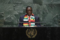 Zimbabwe's President Emmerson Dambudzo Mnangagwa addresses the 74th session of the United Nations General Assembly, Wednesday, Sept. 25, 2019, at the U.N. headquarters. (AP Photo/Frank Franklin II)