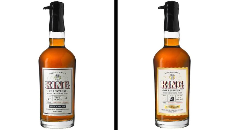 King of Kentucky 15-year-old Kentucky straight bourbon, left, and King of Kentucky 18-year-old Kentucky straight bourbon at right. Both are high-proof, rare premium bourbons from Brown-Forman.