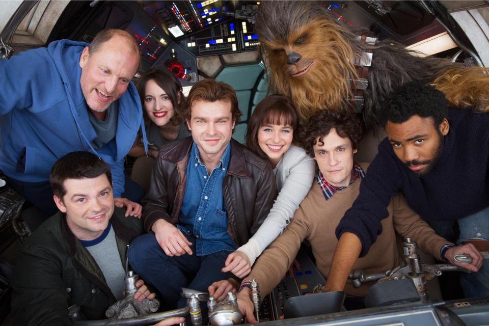 The cast of ‘Solo: A Star Wars Story’ with original directors Phil Lord and Christopher Miller (credit: Lucasfilm)
