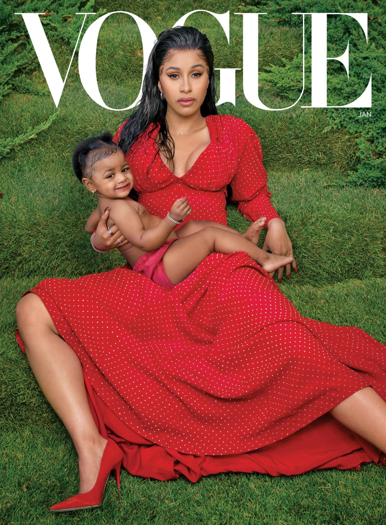This month, Vogue celebrates four fearless creative forces, role models, and mothers with a quartet of covers.  
Cardi B
Michael Kors Collection dress. Cartier earring and rings. Tiffany &Co. bracelet. Jimmy Choo shoes. Hair, Tokyo Stylez; makeup, Hannah Murray. Fashion Editor: Tonne Goodman.