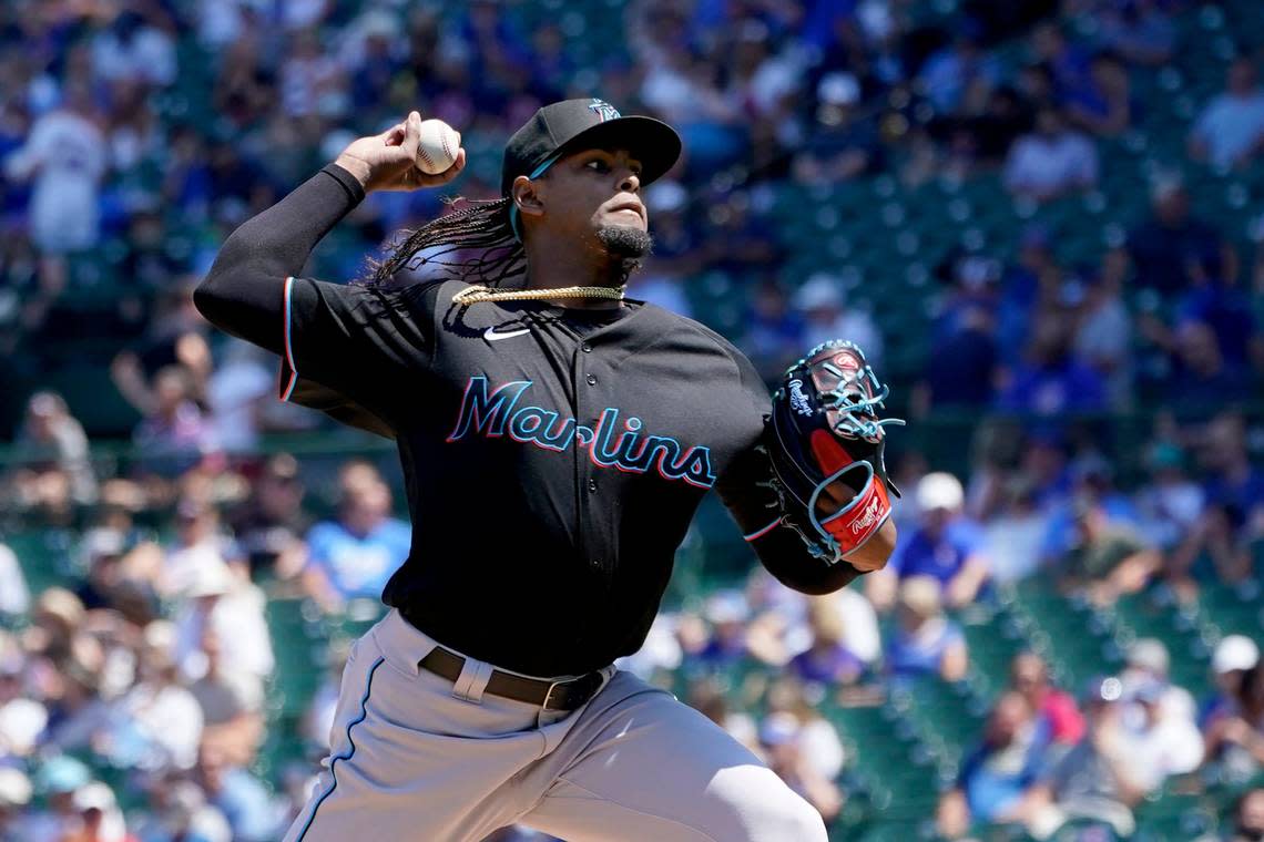 Miami Marlins starting pitcher Edward Cabrera delivers during the first inning of a baseball game against the Chicago Cubs Friday, Aug. 5, 2022, in Chicago.