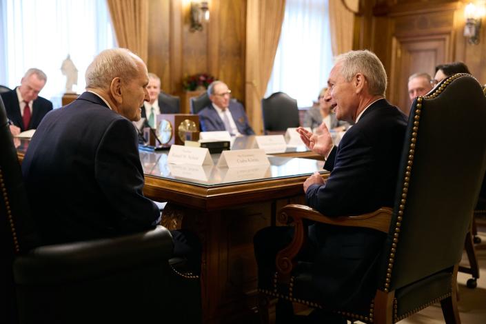 President Russell M. Nelson visits with Csaba Korosi, president of the United Nations General Assembly, in Salt Lake City.