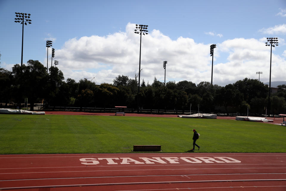 STANFORD, CA - MARCH 12: The Stanford logo is displayed on a track on the Stanford University campus on March 12, 2019 in Stanford, California. More than 40 people, including actresses Lori Loughlin and Felicity Huffman, have been charged in a widespread elite college admission bribery scheme. Parents, ACT and SAT administrators and coaches at universities including Stanford, Georgetown, Yale, and the University of Southern California have been charged. (Photo by Justin Sullivan/Getty Images)