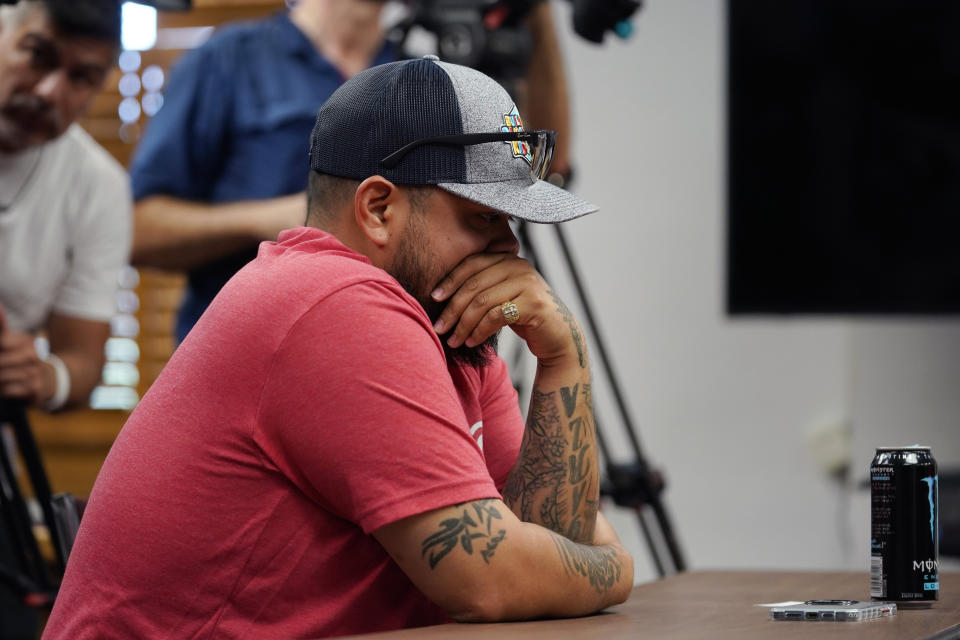 Alfred Garza III, father of school shooting victim Amerie Jo Garza, attends a special emergency city council meeting, Tuesday, June 7, 2022, in Uvalde, Texas, to reissue the mayor's declaration of a local state of disaster due to the recent school shooting at Robb Elementary School. Two teachers and 19 students were killed. (AP Photo/Eric Gay)