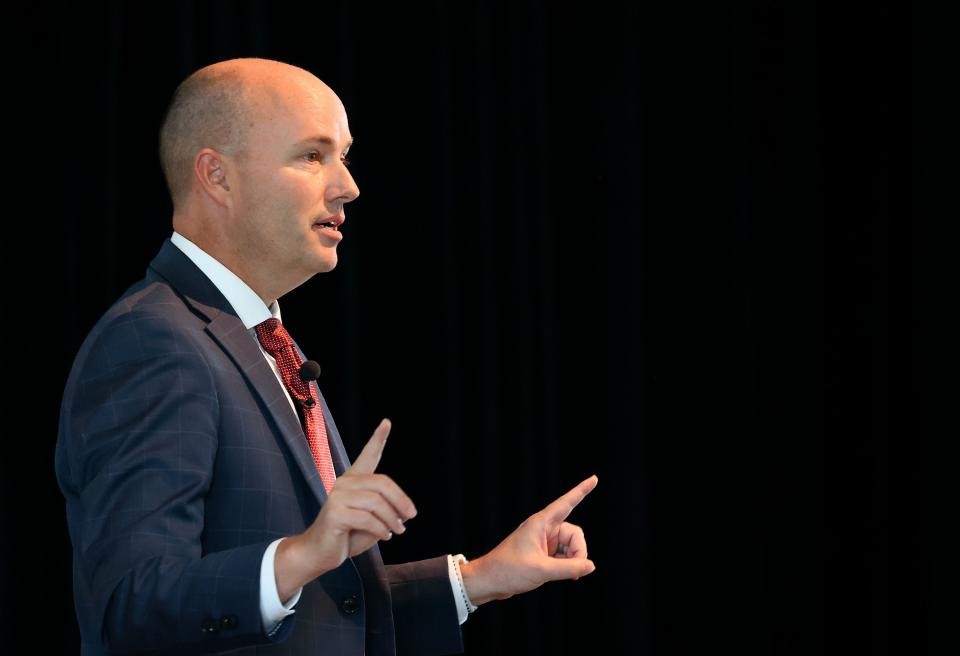 Gov. Spencer Cox speaks at the Braver Angels National Convention at Gettysburg College in Gettysburg, Pa., on Saturday, July 8, 2023.