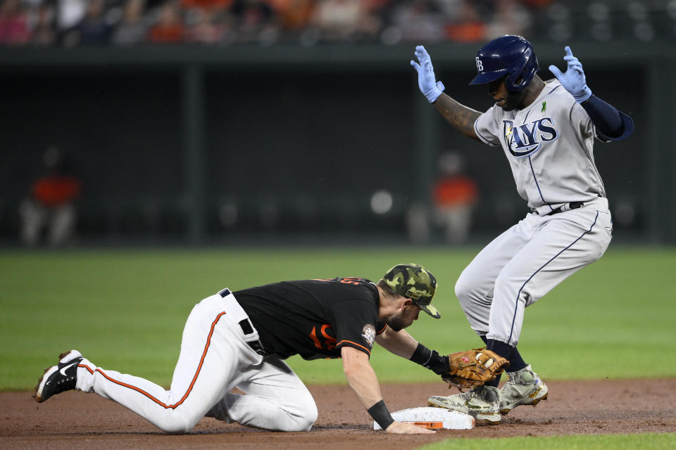 Tampa Bay Rays' Randy Arozarena, right, is safe at second against Baltimore Orioles second baseman Chris Owings, left, during the fifth inning of a baseball game, Friday, May 20, 2022, in Baltimore. Arozarena singled and went to second on a throwing error by Orioles shortstop Jorge Mateo. (AP Photo/Nick Wass)