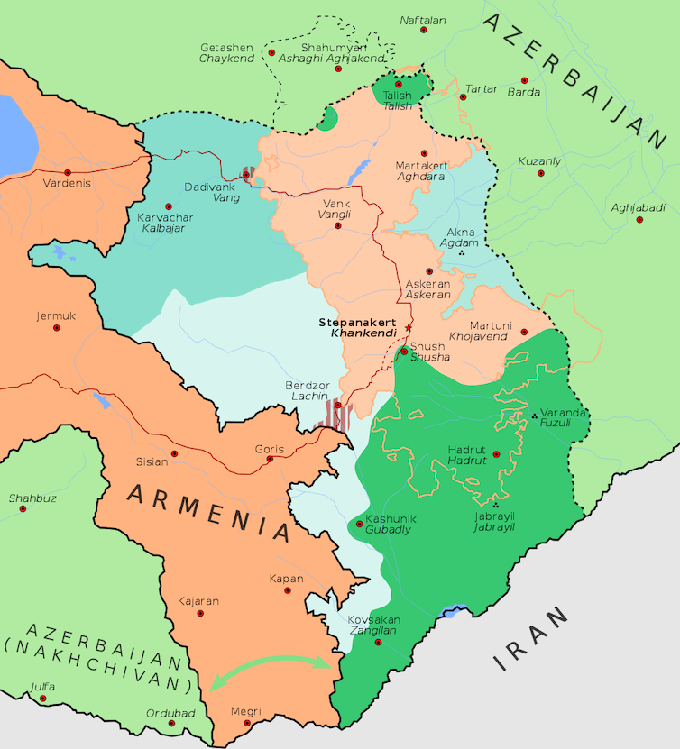 Map of the disputed Nagorno-Karabakh region in Central Asia as determined by the 2020 ceasfire agreement.