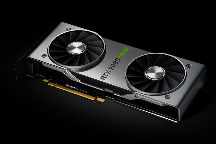 NVIDIA's new RTX 2080 Super graphics card laying on its side against a black background.