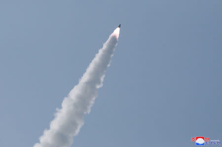 North Korean military conducts a "strike drill" for multiple launchers and tactical guided weapon into the East Sea during a military drill in North Korea, in this May 4, 2019 photo supplied by the Korean Central News Agency (KCNA). KCNA via REUTERS