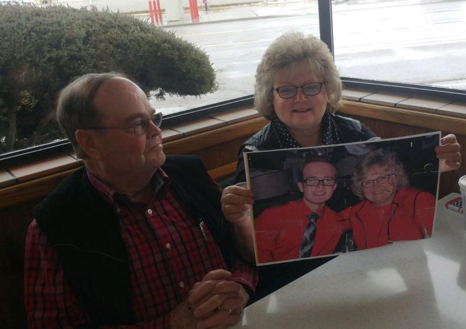 Sindy Gray, 64, sits beside her husband when putting together her grandson's promposal. (Photo courtesy of Kody Leonard)