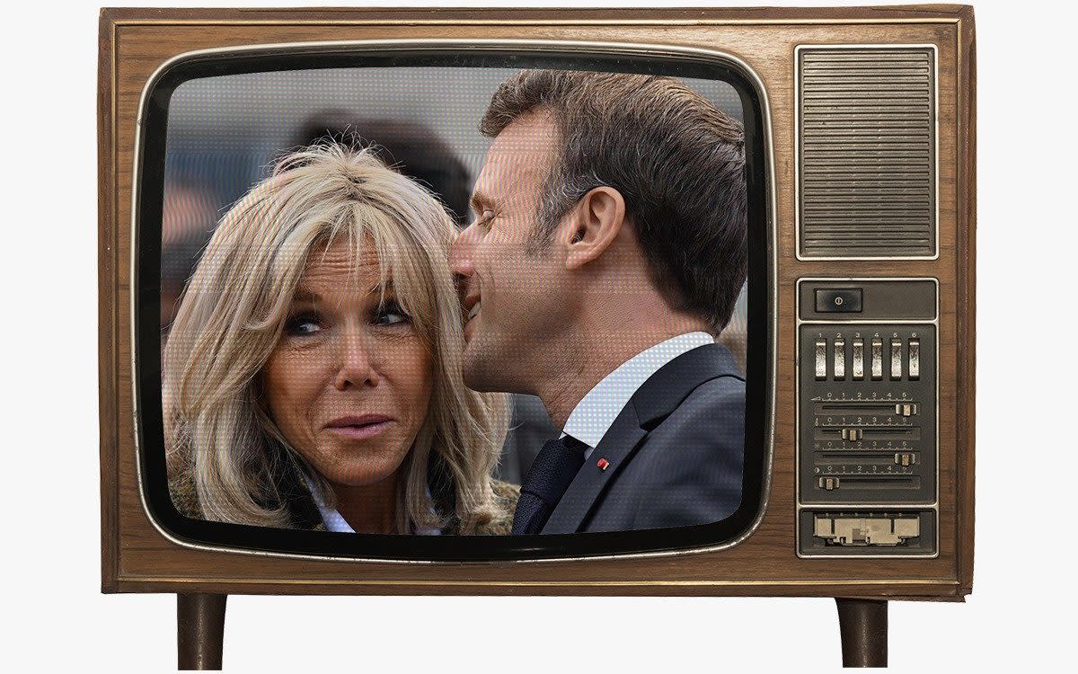 Brigitte and Emmanuel Macron on a vintage television