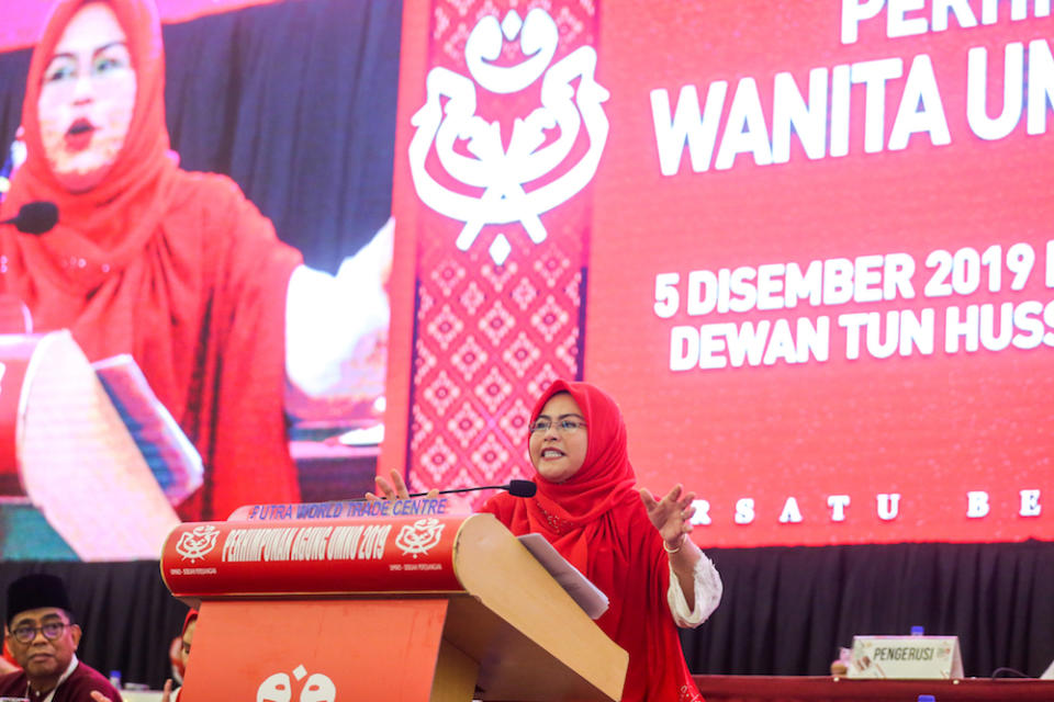 Wanita Umno chief Datuk Noraini Ahmad speaks during the 2019 Umno General Assembly at Putra World Trade Centre in Kuala Lumpur December 5, 2019. — Picture by Firdaus Latif