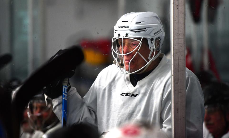 Billy Lynch, 81, of Westborough waits for his chance to get back on the ice during Central Mass Rusty Blades practice.