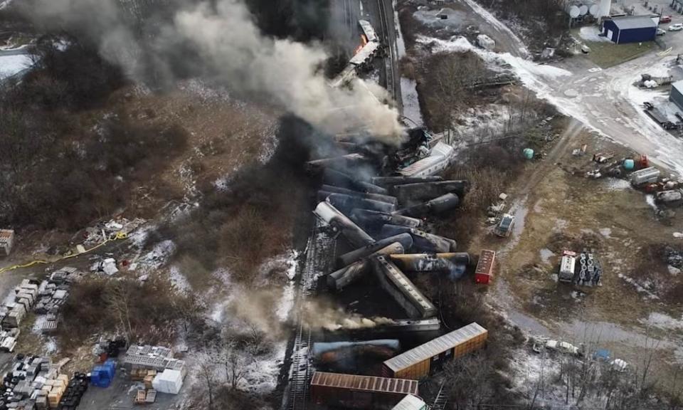 The site of the derailed freight train in East Palestine, Ohio.