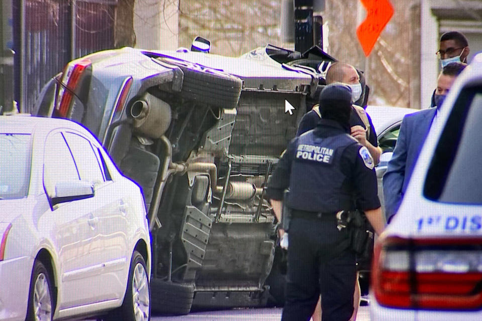 The car reportedly crashed and flipped over near Nats Park, Washington, D.C. (Shomari Stone / NBC Washington)