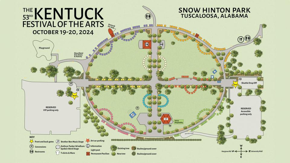 The 53rd Kentuck Festival of the Arts will be laid out in an oval across roughly 10 acres of Snow Hinton Park. The 2024 festival will be the first of its kind held outside Northport.