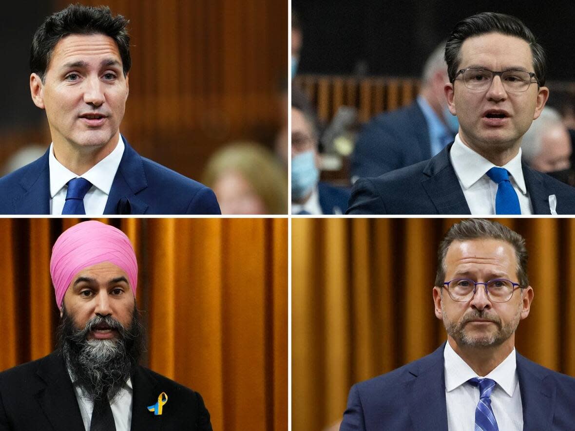 Liberal Leader Justin Trudeau (top left), Conservative Party of Canada Leader Pierre Poilievre (top right), NDP Leader Jagmeet Singh (bottom left) and Bloc Québécois Leader Yves-Francois Blanchet. (Sean Kilptraick/The Canadian Press, Adrian Wyld/The Canadian Press, Sean Kilpatrick/The Canadian Press, Blair Gable/Reuters - image credit)