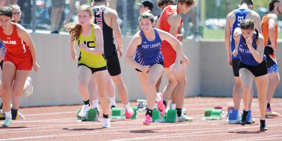 Fort LeBoeuf freshman Alena Urbanowicz, center, won the girls 100-meter dash during the Erie County Classic Track & Field meet.