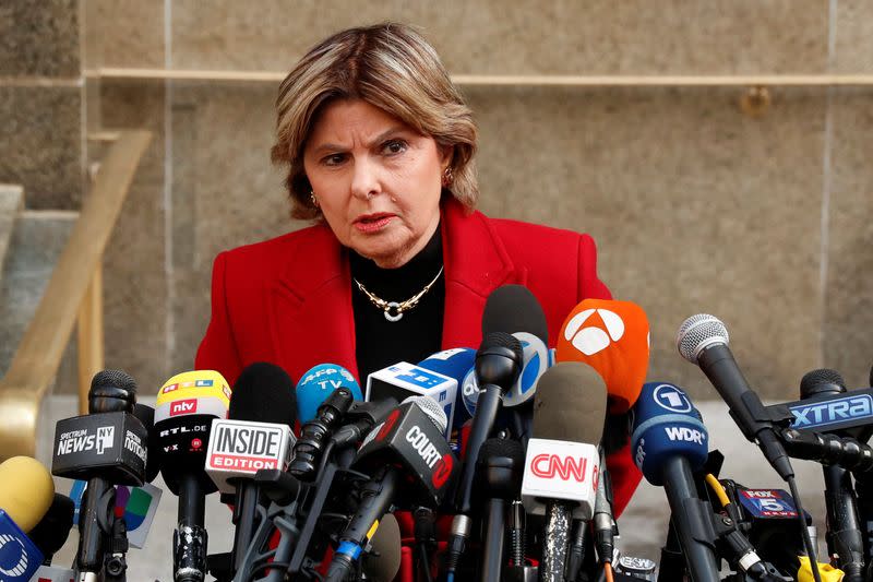 Attorney Gloria Allred speaks with the media at the New York Criminal Court following film producer Harvey Weinstein's guilty verdict in his sexual assault trial in New York