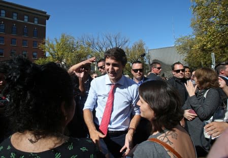 Canada's Prime Minister Justin Trudeau greets the people during an election campaign stop in Winnipeg