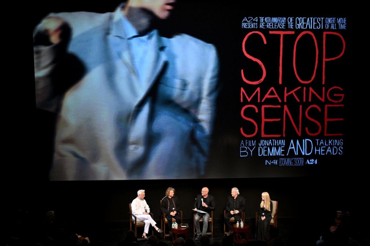 (L-R) David Byrne, Jerry Harrison, John Heilemann, Chris Frantz and Tina Weymouth during a ‘Stop Making Sense’ Q&A at the Brooklyn Academy of Music (BAM). (Credit: Slaven Vlasic/Getty Images for BAM)