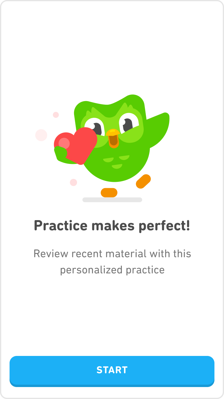 An animated green owl, Duo from Duolingo, flying with a heart, encouraging practice with a 'Start' button below