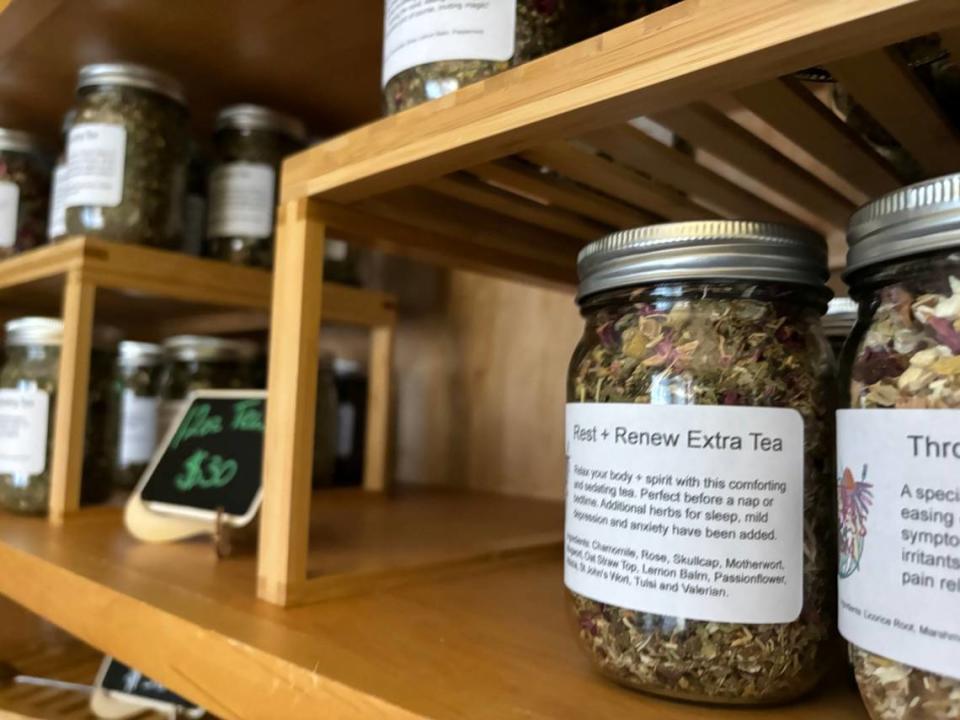 Tea choices at Five Goddess Farm’s tea room includes Rest + Renew Extra Tea, which includes St. John’s Wart, Tulsi and Valerian to aid with sleep, mild depression or anxiety.