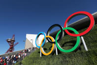 The Olympic rings are seen outside the venue prior to the days competition on Day 2 of the London 2012 Olympic Games at the Aquatics Centre on July 29, 2012 in London, England. (Photo by Clive Rose/Getty Images)