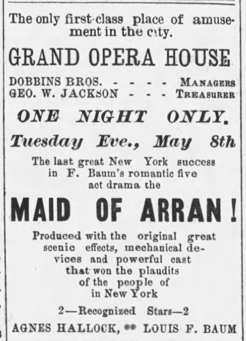 The May 7, 1883 Richmond Item promoted L. Frank Baum’s play ‘The Maid of Arran’ in Richmond.
