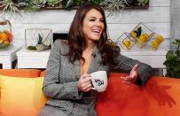 Elizabeth Hurley sits down on BuzzFeed’s <i>AM To DM </i>on Wednesday in N.Y.C. 