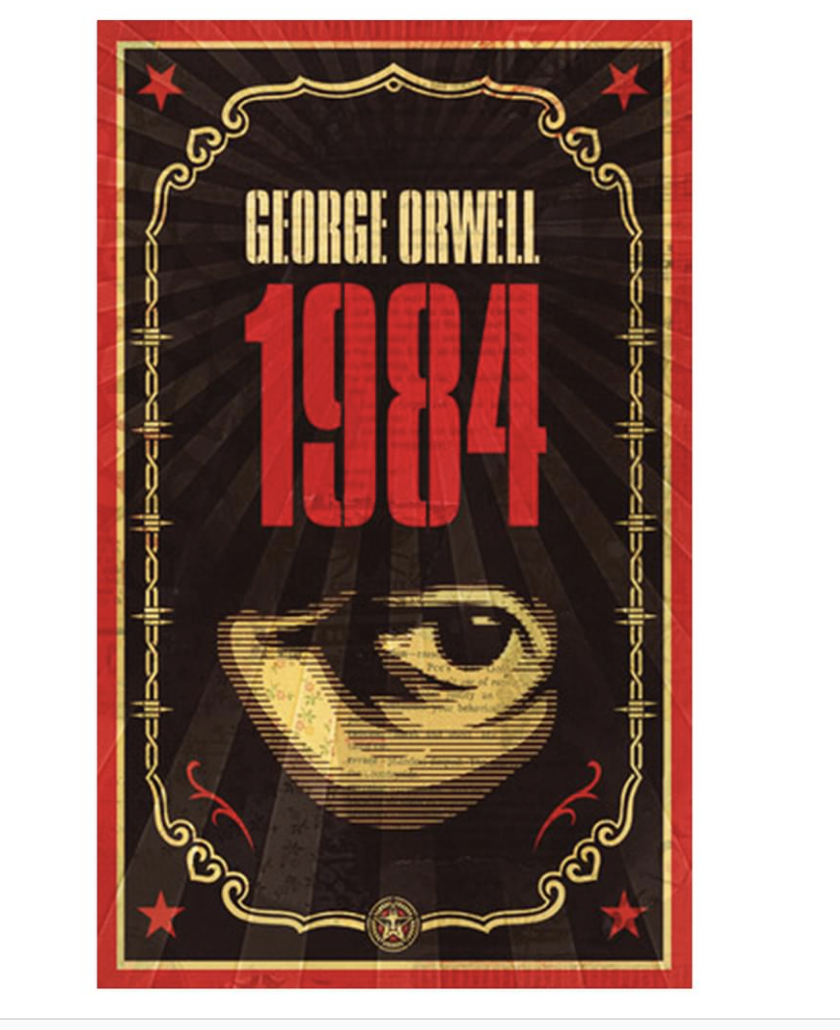 Red and black copy of 1984 by George Orwell, with image of eye on cover and red stars, plus ornate border.