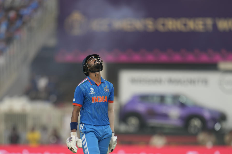 India's wicketkeeper KL Rahul reacts as he leaves the ground after losing his wicket during the ICC Men's Cricket World Cup final match between India and Australia in Ahmedabad, India, Sunday, Nov.19, 2023. (AP Photo/Aijaz Rahi)