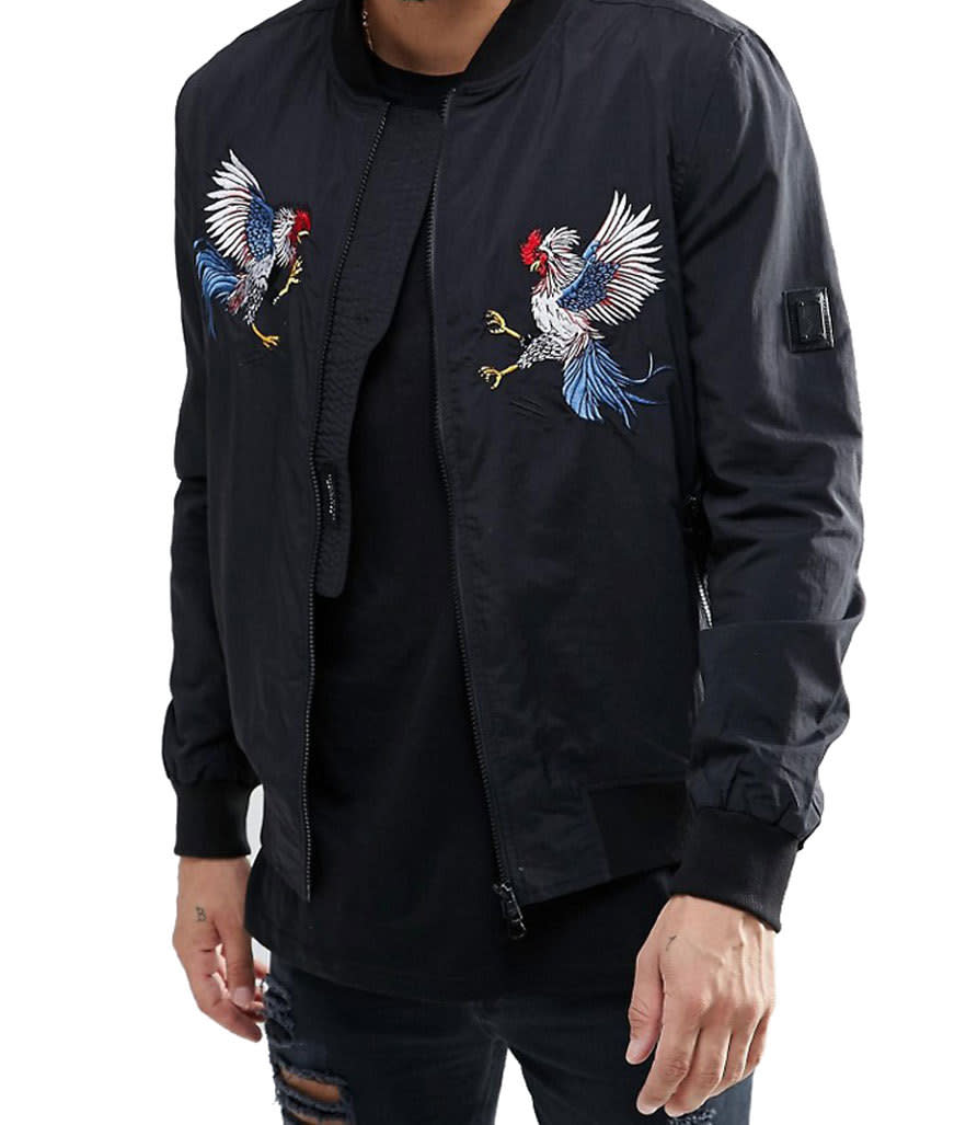 <p>Religion embroidered souvenir bomber jacket, $162, <a href="http://www.asos.com/Religion/Religion-Embroidered-Souvenir-Bomber-Jacket/Prod/pgeproduct.aspx?iid=6734169&cid=3606&sh=0&pge=0&pgesize=36&sort=-1&clr=Black&totalstyles=1414&gridsize=3" rel="nofollow noopener" target="_blank" data-ylk="slk:asos.com;elm:context_link;itc:0;sec:content-canvas" class="link ">asos.com</a></p>