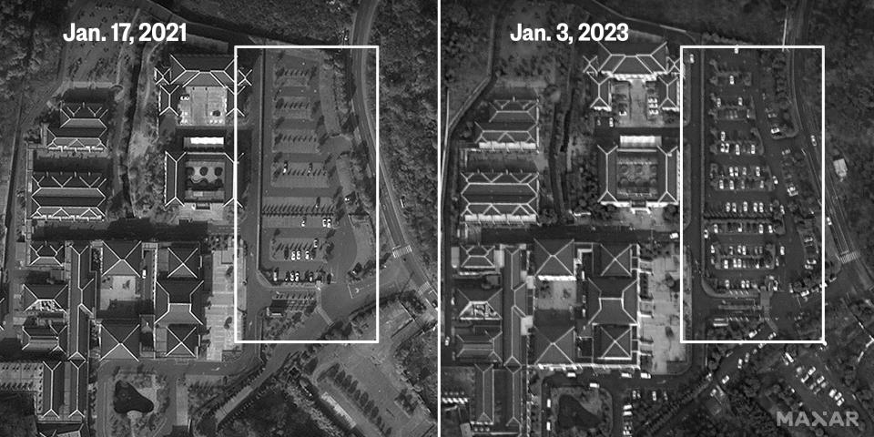 Satellite images show an increase in the number of cars parked outside a funeral house in Huzhou, China. (Satellite image ©2023 Maxar Technologies)