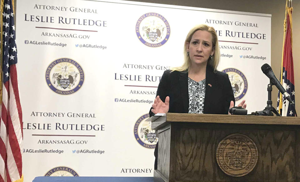 FILE - In this file photo made Thursday, April 25, 2019, Arkansas Attorney General Leslie Rutledge speaks at a news conference in Little Rock, Arkansas. The Arkansas Supreme Court on Thursday, Dec. 5, 2019, rejected the state attorney general's request to prohibit a judge who demonstrated against the death penalty from handling any cases involving her office. In a 4-3 decision, justices rejected the request by Attorney General Leslie Rutledge to remove the cases from Pulaski County Circuit Judge Wendell Griffen's court.(AP Photo/Andrew DeMillo)