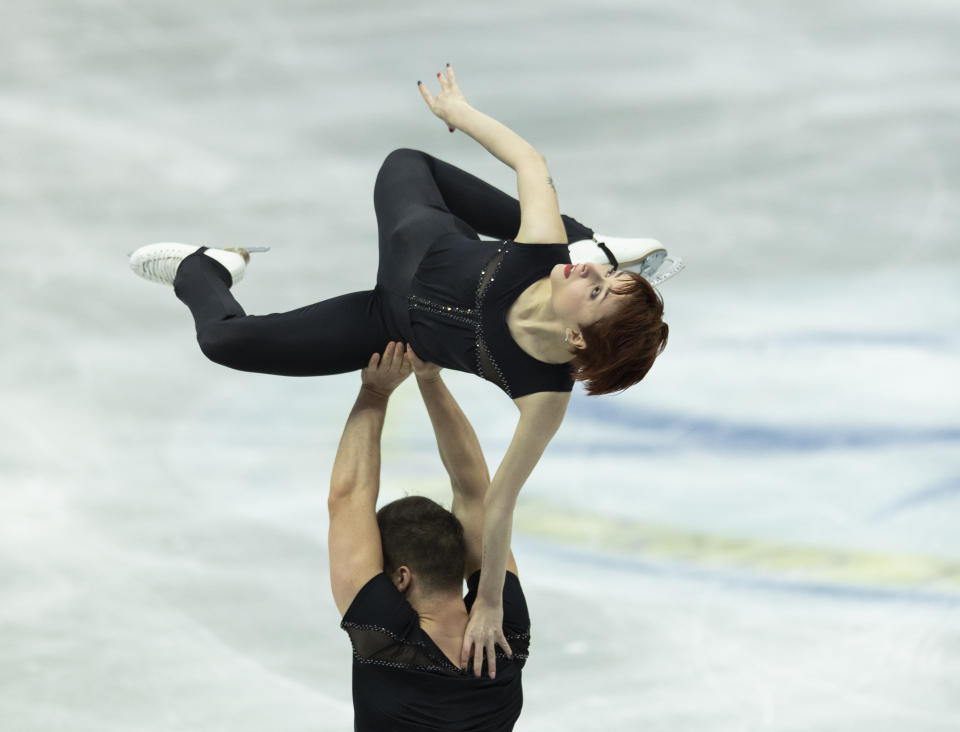 France's Cleo Hamon and Denys Strekalin perform during the pairs' short program of the ISU World Team Trophy figure skating competition in Osaka, western Japan, Friday, April 16, 2021. (AP Photo/Hiro Komae)