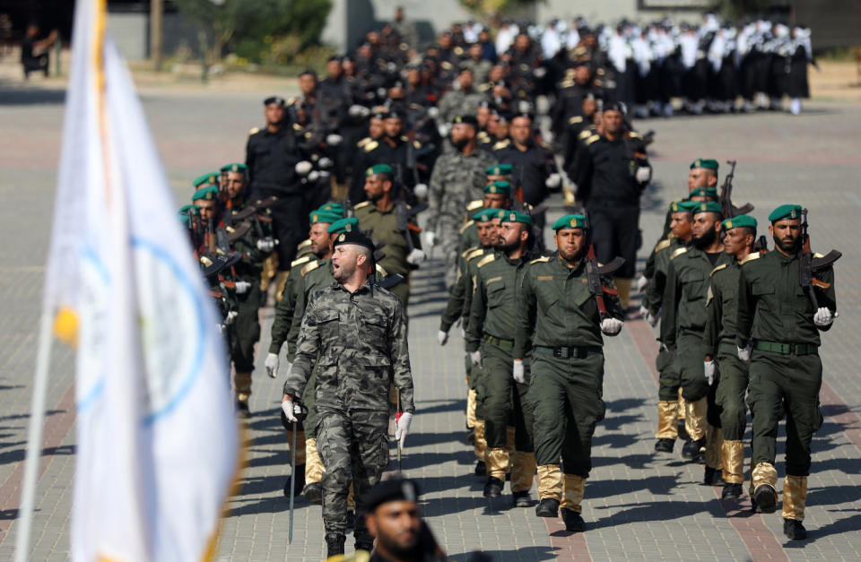 Members of the Hamas security march in a military parade during a graduation ceremony  (Majdi Fathi / NurPhoto via Getty Images file)