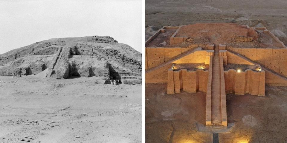 A before and after comparison of the Great Ziggurat of Ur.