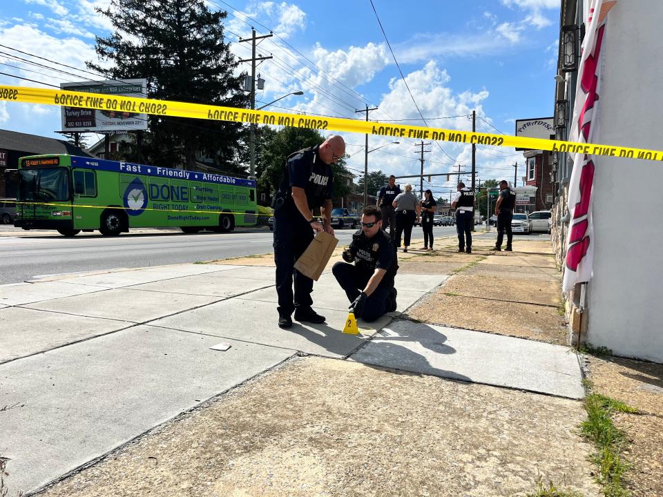 Wilmington police investigate a shooting that occurred Tuesday, Aug. 15, 2023, in the 2900 block of Lancaster Ave. The victim drove to Cab Calloway School of the Arts, where she received first aid and was taken to the hospital.