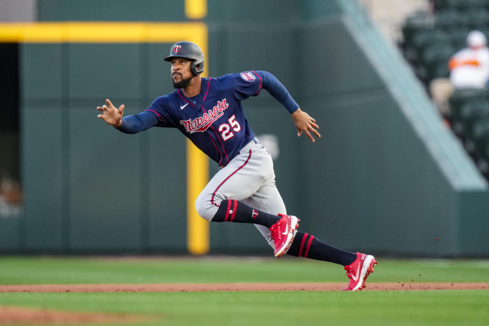 NORTH PORT, FL- MARCH 19: Byron Buxton #25 of the Minnesota Twins runs during a spring training game against the Atlanta Braves on March 19, 2021 at CoolToday Park in North Port, Florida. (Photo by Brace Hemmelgarn/Minnesota Twins/Getty Images)