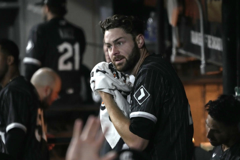 Chicago White Sox's Lucas Giolito towels off after having pitched against the Philadelphia Phillies for six innings in the second game of a baseball doubleheader Tuesday, April 18, 2023, in Chicago. (AP Photo/Charles Rex Arbogast)