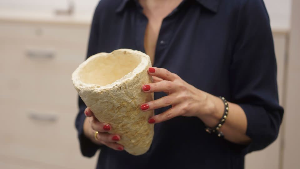 Vera Meyer, a scientist at the Berlin Institute of Biotechnology, holds a vessel made of scale sponge. The institute hopes to produce clothing, packaging and building material from fungal cultures. - J'rg Carstensen/picture-alliance/dpa/AP